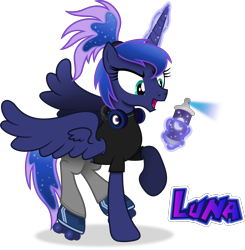 Size: 5301x5417 | Tagged: safe, artist:anime-equestria, imported from derpibooru, princess luna, alicorn, alternate hairstyle, clothes, graffiti, headphones, horn, levitation, magic, ponytail, roller skates, simple background, solo, spray can, spread wings, telekinesis, transparent background, wings