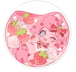 Size: 2023x1915 | Tagged: safe, artist:xieyanbbb, imported from derpibooru, pinkie pie, earth pony, pony, bottle, bow, chibi, clothes, dress, floating, food, fruit, g4, glass bottle, hair bow, ice cream, juice, liquid, orb, simple background, solo, strawberry, tiny, tiny ponies, white background