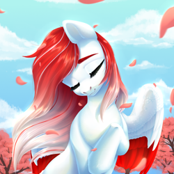 Size: 1500x1500 | Tagged: safe, artist:nika-rain, imported from derpibooru, oc, oc only, oc:making amends, pegasus, pony, cherry blossoms, commission, cute, female, flower, flower blossom, sky, solo, ych result