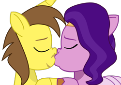 Size: 1920x1349 | Tagged: safe, artist:grapefruit-face, imported from derpibooru, pipp petals, oc, oc:grapefruit face, pegasus, pony, unicorn, canon x oc, duo, eyes closed, female, g5, grapepipp, horn, kiss on the lips, kissing, male, my little pony: tell your tale, shipping, show accurate, simple background, straight, touching hooves, transparent background, unicorn oc