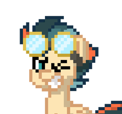 Size: 388x363 | Tagged: safe, imported from derpibooru, oc, oc only, oc:turbo swifter, pegasus, pony, pony town, goggles, looking at you, one eye closed, pegasus oc, pixel art, simple background, transparent background, wink, winking at you