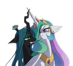 Size: 1200x1091 | Tagged: safe, artist:exxi00, imported from derpibooru, princess celestia, queen chrysalis, alicorn, changeling, changeling queen, pony, angry, blushing, chryslestia, crown, duo, duo female, eye clipping through hair, eye contact, eyebrows, eyebrows visible through hair, female, frown, grin, jewelry, lesbian, lidded eyes, looking at each other, looking at someone, mare, peytral, regalia, shipping, simple background, smiling, white background