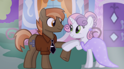 Size: 1280x720 | Tagged: safe, artist:mlplary6, imported from derpibooru, button mash, sweetie belle, earth pony, pony, unicorn, clothes, dress, female, looking at each other, looking at someone, male, mare, older, older button mash, older sweetie belle, shipping, smiling, smiling at each other, stallion, straight, sweetiemash