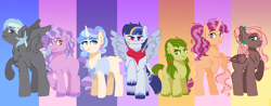 Size: 1024x400 | Tagged: safe, artist:shimmerharmony4215, imported from derpibooru, oc, oc only, oc:berry biscuit, oc:daydream, oc:diva blanc, oc:meadow green, oc:poppin' palooza, oc:stargazer, oc:windstorm, earth pony, pegasus, pony, unicorn, female, magical lesbian spawn, male, mare, next generation, offspring, parent:applejack, parent:big macintosh, parent:coco pommel, parent:fluttershy, parent:pinkie pie, parent:rainbow dash, parent:rarity, parent:saffron masala, parent:soarin', parent:sunset shimmer, parent:thunderlane, parent:twilight sparkle, parents:fluttermac, parents:marshmallow coco, parents:saffronpie, parents:soarinjack, parents:sunsetsparkle, parents:thunderdash, stallion