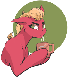 Size: 1848x2100 | Tagged: safe, artist:i love hurt, imported from derpibooru, sprout cloverleaf, earth pony, pony, coffee, coffee mug, ear fluff, floppy ears, g5, male, mug, simple background, solo, stallion, white background