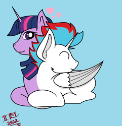 Size: 1092x1132 | Tagged: dead source, safe, artist:askdj-redmix-rp, imported from derpibooru, twilight sparkle, oc, oc:solar eclipse, alicorn, pony, alicorn oc, conjoined, eyes closed, horn, lying down, multiple heads, prone, twilight sparkle (alicorn), two heads, wings