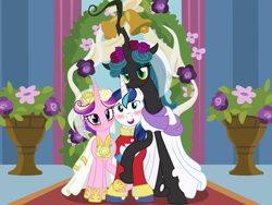 Size: 2984x2238 | Tagged: safe, artist:badumsquish, derpibooru exclusive, imported from derpibooru, princess cadance, queen chrysalis, shining armor, alicorn, changeling, changeling queen, pony, unicorn, a canterlot wedding, a better ending for chrysalis, alternate ending, alternate hairstyle, bigamy, bisexual, blushing, bouquet, bouquet of flowers, canterlot wedding 10th anniversary, cheek rub, chrysarmordance, clothes, dress, female, floral head wreath, flower, high res, holding hooves, lesbian, male, mare, marriage, nervous, nuzzling, polyamory, shining armor gets all the mares, shipping, show accurate, smiling, stallion, straight, trio, wedding, wedding dress, wedding suit, wedding veil