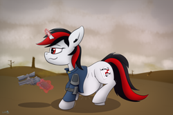 Size: 2304x1540 | Tagged: safe, artist:triksa, imported from derpibooru, oc, oc:blackjack, oc:littlepip, pony, unicorn, fallout equestria, fallout equestria: project horizons, belly, implied vore, safe vore, walking, wasteland, weapon