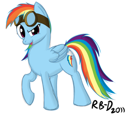 Size: 1194x1101 | Tagged: safe, artist:rb-d, imported from derpibooru, rainbow dash, pegasus, pony, 2011, female, goggles, mare, raised hoof, simple background, solo, white background