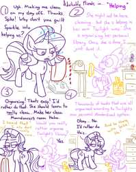 Size: 4779x6013 | Tagged: safe, artist:adorkabletwilightandfriends, imported from derpibooru, moondancer, spike, starlight glimmer, dragon, pony, unicorn, comic:adorkable twilight and friends, adorkable, adorkable friends, butt, carpet, clean, cleaning, clock, comic, complaining, cute, dork, feet, glowing, glowing horn, grumpy, homestar runner, horn, humor, magic, mirror, plot, reference, reflection, sitting on tail, slice of life, strong bad, strong sad, tail, tail stand, telekinesis, the cheat, towel, vacuum, vacuum cleaner, whining