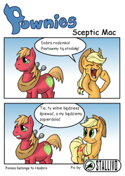 Size: 800x1126 | Tagged: safe, artist:sonicpegasus, imported from derpibooru, applejack, big macintosh, earth pony, pony, apple family reunion, 2 panel comic, comic, duo, polish, translated in the description, vulgar, yelling