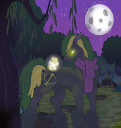 Size: 1024x1080 | Tagged: safe, artist:tanukfox, imported from derpibooru, oc, oc only, oc:vermont black, earth pony, pony, rabbit, animal, clothes, forest, glowing, glowing eyes, male, moon, night, phi, scarf, solo, stallion