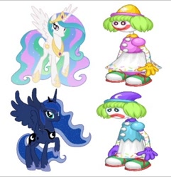 Size: 419x434 | Tagged: safe, imported from derpibooru, princess celestia, princess luna, alicorn, pony, 1000 hours in ms paint, clown, flipline studios, happy, papa louie's franchise, royal sisters, sad, siblings, simple background, sisters, sprinks the clown, white background