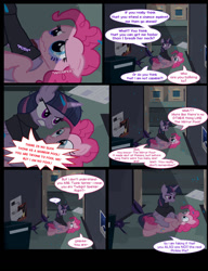 Size: 1042x1358 | Tagged: safe, artist:dendoctor, imported from derpibooru, mean twilight sparkle, pinkie pie, twilight sparkle, alicorn, earth pony, pony, comic:clone.., alternate universe, clone, clothes, comic, crying, female, pinkie clone, rain, twilight sparkle (alicorn)