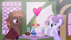 Size: 1280x720 | Tagged: safe, artist:mlplary6, imported from derpibooru, button mash, sweetie belle, earth pony, pony, unicorn, clothes, date, donut, dress, drink, female, flower, food, heart, looking at each other, looking at someone, male, mare, older, older button mash, older sweetie belle, shipping, smiling, smiling at each other, stallion, straight, sweetiemash