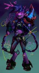 Size: 1280x2378 | Tagged: safe, artist:charlot, imported from derpibooru, oc, oc only, oc:aegis feedback, pony, unicorn, arcane, glowing, glowing eyes, jinx (league of legends), league of legends, parody, solo