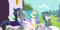 Size: 1024x523 | Tagged: safe, artist:90sigma, artist:velveagicsentryyt, imported from derpibooru, king sombra, princess celestia, oc, oc:jade, alicorn, pony, unicorn, celestibra, deviantart watermark, family, female, frown, good king sombra, male, mare, obtrusive watermark, offspring, parent:king sombra, parent:princess celestia, parents:celestibra, shipping, smiling, stallion, straight, trio, unicorn oc, watermark