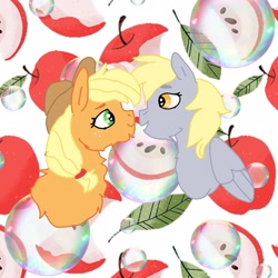 Size: 2048x2048 | Tagged: safe, artist:tjbook-time, imported from derpibooru, applejack, derpy hooves, earth pony, pegasus, pony, apple, bubble, bust, derpyjack, female, fluffy, food, heart eyes, leaf, lesbian, mare, shipping, wingding eyes