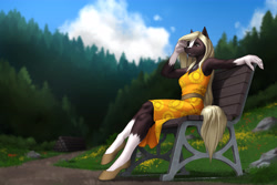 Size: 6000x4000 | Tagged: safe, artist:mykegreywolf, imported from derpibooru, oc, oc only, anthro, earth pony, unguligrade anthro, absurd resolution, bench, breasts, clothes, coat markings, dress, female, forest, mare, shoes, socks (coat markings), solo