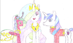 Size: 500x295 | Tagged: safe, artist:ewxep, imported from ponybooru, princess cadance, princess celestia, queen chrysalis, shining armor, alicorn, changeling, changeling queen, pony, unicorn, canterlot wedding 10th anniversary, clothes, colored pencil drawing, dress, fake, fake cadance, faker than a three dollar bill, female, lowres, male, simple background, traditional art, trio, uniform, wedding dress, white background