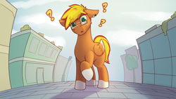 Size: 3840x2160 | Tagged: safe, artist:cocaine, imported from derpibooru, oc, oc:blaze fury, pegasus, city, commission, confused, glasses, male, question mark, raised hoof, stallion