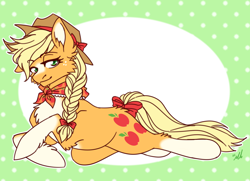 Size: 1800x1300 | Tagged: safe, artist:mechanakal, imported from derpibooru, applejack, earth pony, pony, alternate hairstyle, applejack's hat, bow, braid, chest fluff, circle background, clothes, coat markings, cowboy hat, cute, ear fluff, facial markings, female, fluffy, granny smith's shawl, hat, jackabetes, looking at you, lying down, mare, markings, neckerchief, one ear down, polka dot background, prone, scarf, simple background, smiling, smiling at you, socks (coat markings), solo, tail, tail bow, unshorn fetlocks