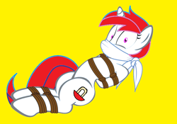 Size: 990x694 | Tagged: safe, artist:radiantrealm, edit, imported from derpibooru, oc, oc only, oc:shallow light, pony, unicorn, bondage, bound and gagged, cloth gag, damsel in distress, gag, over the nose gag, rope, simple background, solo, tied up, yellow background