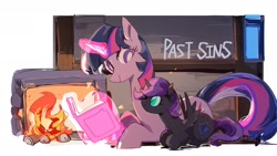 Size: 2033x1144 | Tagged: safe, artist:fan_silversol, imported from derpibooru, twilight sparkle, oc, oc:nyx, alicorn, unicorn, fanfic:past sins, alicorn oc, book, duo, female, filly, fireplace, foal, horn, levitation, lying down, magic, mare, prone, telekinesis, unicorn twilight, wings