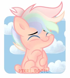 Size: 720x803 | Tagged: safe, artist:pikri bocil, imported from derpibooru, oc, oc:rain storm, earth pony, pony, ^^, chibi, cloud, colt, cute, eyes closed, foal, male, sky, solo, watermark