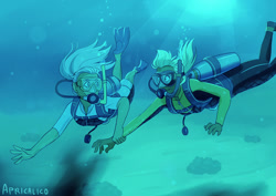 Size: 1280x905 | Tagged: artist needed, safe, imported from derpibooru, applejack, fluttershy, equestria girls, appleshy, female, lesbian, looking at each other, looking at someone, scuba diving, scuba gear, shipping, underwater