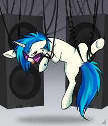 Size: 1200x1404 | Tagged: safe, artist:mechanakal, imported from derpibooru, dj pon-3, vinyl scratch, pony, unicorn, :p, angry, cable, crooked glasses, featureless crotch, female, floppy ears, gradient background, mare, raised leg, solo, speaker, sunglasses, suspended, tangled up, tongue out, wires