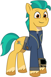 Size: 1024x1553 | Tagged: safe, artist:ponygamer2020, imported from derpibooru, hitch trailblazer, earth pony, pony, fallout equestria, clothes, cute, fallout, g5, hitchbetes, hooves, jumpsuit, looking at you, male, my little pony: tell your tale, pipboy, show accurate, simple background, smiling, smiling at you, solo, stallion, standing, tail, transparent background, unshorn fetlocks, vault suit, vector