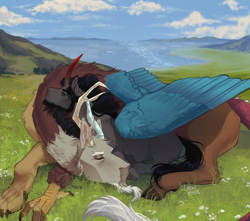 Size: 640x566 | Tagged: safe, artist:ghoulhowls, imported from derpibooru, discord, king sombra, draconequus, pony, curled up, detailed background, gay, lake, lying down, male, mountain, shipping, sleeping, sleeping together, snuggling, sombracord, stallion