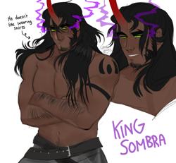 Size: 640x591 | Tagged: safe, artist:ghoulhowls, imported from derpibooru, king sombra, human, beard, belt, clothes, facial hair, grin, horn, horned humanization, humanized, king sombara, male, muscles, muscular male, pants, partial nudity, simple background, smiling, solo, sombra eyes, tattoo, topless, white background