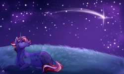 Size: 2500x1500 | Tagged: safe, artist:uunicornicc, imported from derpibooru, oc, oc only, pony, unicorn, night, shooting star, sky, solo, stars