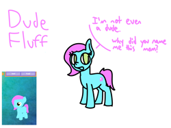 Size: 2732x2048 | Tagged: safe, artist:insano, imported from derpibooru, oc, oc only, oc:dude fluff, earth pony, pony, among us, blue coat, cutie mark, earth pony oc, female, filly, foal, green eyes, legends of equestria, purple mane, purple tail, screenshots, solo focus, speech bubble, tail, talking to viewer