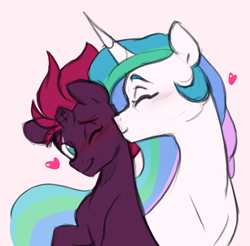 Size: 2048x2017 | Tagged: safe, artist:chub-wub, imported from derpibooru, princess celestia, tempest shadow, alicorn, pony, unicorn, blushing, broken horn, cheek kiss, crack shipping, duo, duo female, eye scar, female, floating heart, heart, horn, kissing, lesbian, mare, one eye closed, scar, shipping, simple background, white background