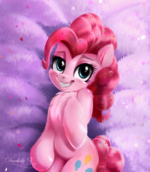 Size: 1772x2029 | Tagged: safe, artist:darksly, imported from derpibooru, pinkie pie, earth pony, pony, bedroom eyes, body pillow, body pillow design, chest fluff, confetti, cute, diapinkes, female, grin, mare, smiling, solo