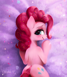 Size: 1772x2029 | Tagged: safe, artist:darksly, imported from derpibooru, pinkie pie, earth pony, pony, balloonbutt, bedroom eyes, blushing, body pillow, body pillow design, butt, confetti, cute, diapinkes, female, mare, plot, solo