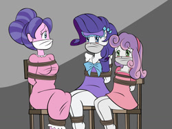 Size: 1280x956 | Tagged: safe, artist:reimon-master-ii, imported from derpibooru, cookie crumbles, rarity, sweetie belle, human, equestria girls, big breasts, blushing, bondage, bound and gagged, breasts, busty cookie crumbles, cloth gag, clothes, damsel in distress, equestria girls-ified, female, gag, help us, mother and child, mother and daughter, nightgown, over the nose gag, pajamas, rope, ropes, siblings, sisters, sleep mask, tied to chair, tied up, trio, trio female, worried