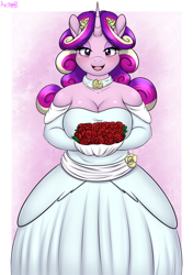 Size: 2500x3557 | Tagged: safe, artist:an-tonio, imported from derpibooru, princess cadance, alicorn, anthro, bouquet, breasts, busty princess cadance, canterlot wedding 10th anniversary, cleavage, clothes, dress, female, flower, looking at you, open mouth, open smile, rose, smiling, solo, wedding dress