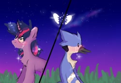 Size: 778x534 | Tagged: safe, artist:greatsunflow42, imported from derpibooru, twilight sparkle, anthro, bird, blue jay, pony, unicorn, aeroplanes and meteor showers, anthro with ponies, crossover, crossover shipping, duo, female, male, meme, mordecai, mordetwi, redraw mordetwi meme, regular show, shipping, straight, unicorn twilight