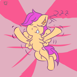 Size: 2000x2000 | Tagged: safe, artist:papacruda09, imported from derpibooru, scootaloo, pegasus, pony, abstract background, cute, cutealoo, eyes closed, happy, onomatopoeia, scootaloo can fly, sleeping, sleepwalking, sneezing, solo, sound effects, zzz