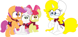 Size: 3537x1696 | Tagged: safe, artist:songheartva, imported from derpibooru, apple bloom, scootaloo, sweetie belle, oc, oc:songheart, earth pony, pegasus, pony, unicorn, 2016, cape, clothes, cmc cape, cutie mark crusaders, female, filly, foal, glasses, mare, simple background, white background