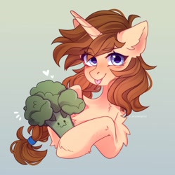 Size: 1494x1500 | Tagged: safe, artist:whiteliar, imported from derpibooru, oc, oc only, oc:vird-gi, oc:virginia, pony, unicorn, broccoli, chest fluff, food, solo, tongue out