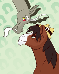 Size: 2400x3000 | Tagged: safe, imported from derpibooru, discord, trouble shoes, draconequus, earth pony, pony, crack shipping, duo, duo male, eyebrows, eyebrows visible through hair, fedora, gay, hat, high res, looking at each other, looking at someone, male, shipping, smiling, smiling at each other, stallion