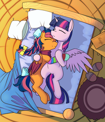 Size: 2750x3200 | Tagged: safe, artist:dacaoo, imported from derpibooru, twilight sparkle, oc, oc:solar comet, alicorn, pegasus, pony, bed, book, bow, canon x oc, clothes, commission, cuddling, disguised changedling, eyelashes, eyes closed, female, femboy, male, mare, sleeping, socks, stallion, straight, striped socks, tail, tail bow, trap, twilight sparkle (alicorn)