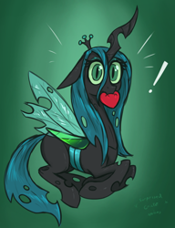 Size: 2300x3000 | Tagged: source needed, safe, artist:t72b, imported from derpibooru, queen chrysalis, changeling, changeling queen, biting, canterlot wedding 10th anniversary, crown, descriptive noise, exclamation point, female, heart, high res, insect wings, jewelry, looking at you, lying down, mouth hold, prone, regalia, simple background, solo, surprised, transparent wings, wings