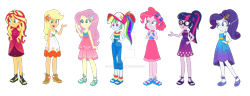 Size: 1600x613 | Tagged: safe, artist:rnskies, artist:selenaede, imported from derpibooru, applejack, fluttershy, pinkie pie, rainbow dash, rarity, sci-twi, sunset shimmer, twilight sparkle, human, equestria girls, equestria girls series, spring breakdown, spoiler:eqg series (season 2), feet, female, hand on hip, humane five, humane seven, humane six, obtrusive watermark, open mouth, open smile, peace sign, signature, simple background, smiling, transparent background, watermark