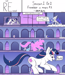 Size: 2000x2318 | Tagged: dead source, safe, artist:tsitra360, imported from derpibooru, nightmare moon, twilight sparkle, alicorn, pony, unicorn, comic:resized, castle of the royal pony sisters, charging, comic, element of generosity, element of honesty, element of kindness, element of laughter, element of loyalty, element of magic, elements of harmony, growth, growth spurt, macro, micro, scene interpretation, trotting, unicorn twilight